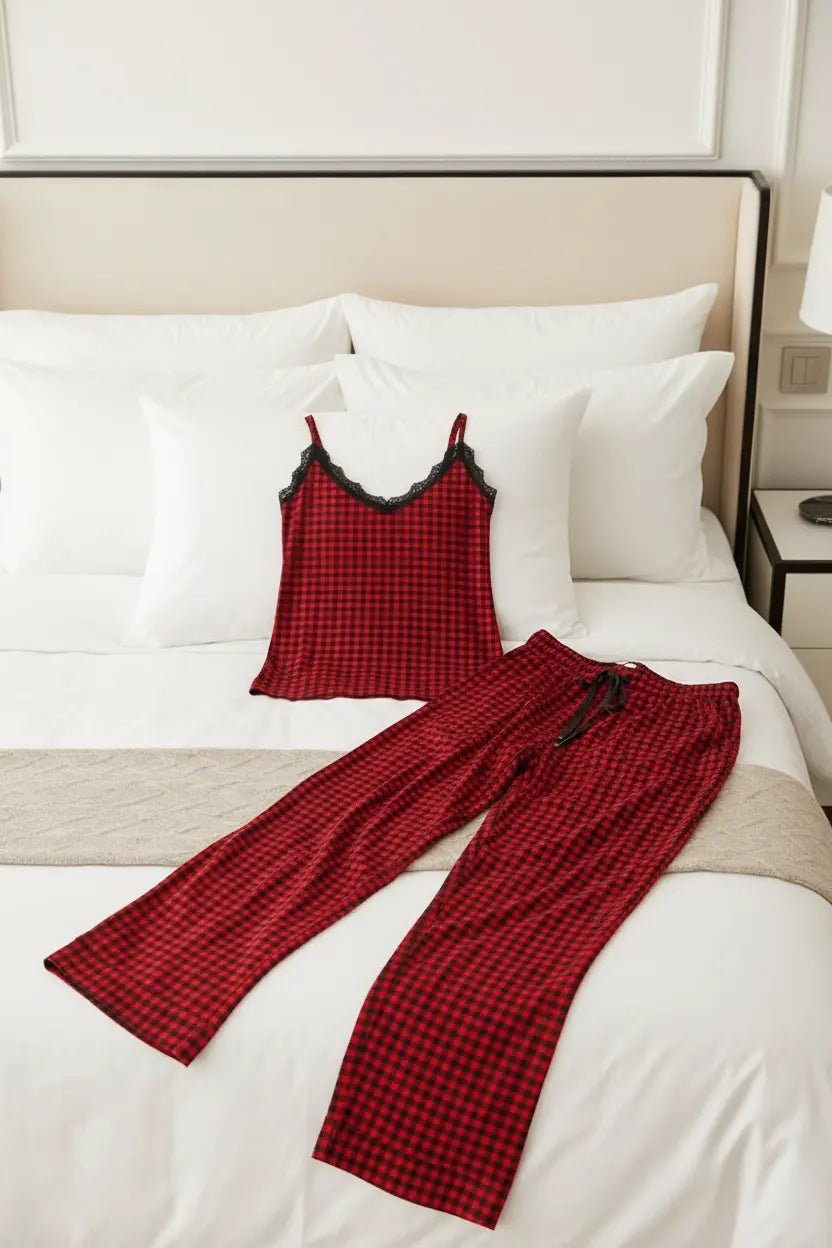Plaid Lace Trim Pajama Set - Soft Rayon Sleepwear Trendsi