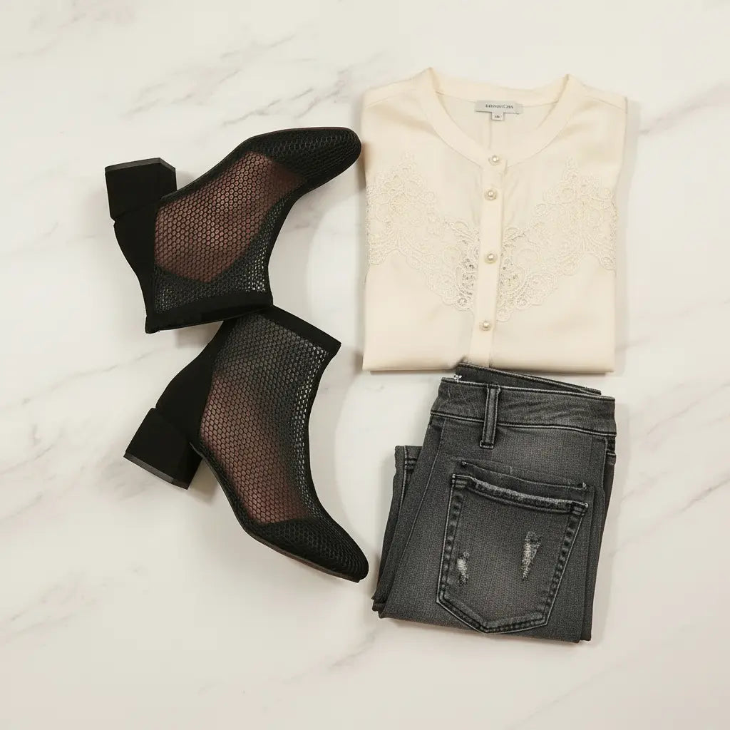 Mesh Block Heel Boots Trendsi