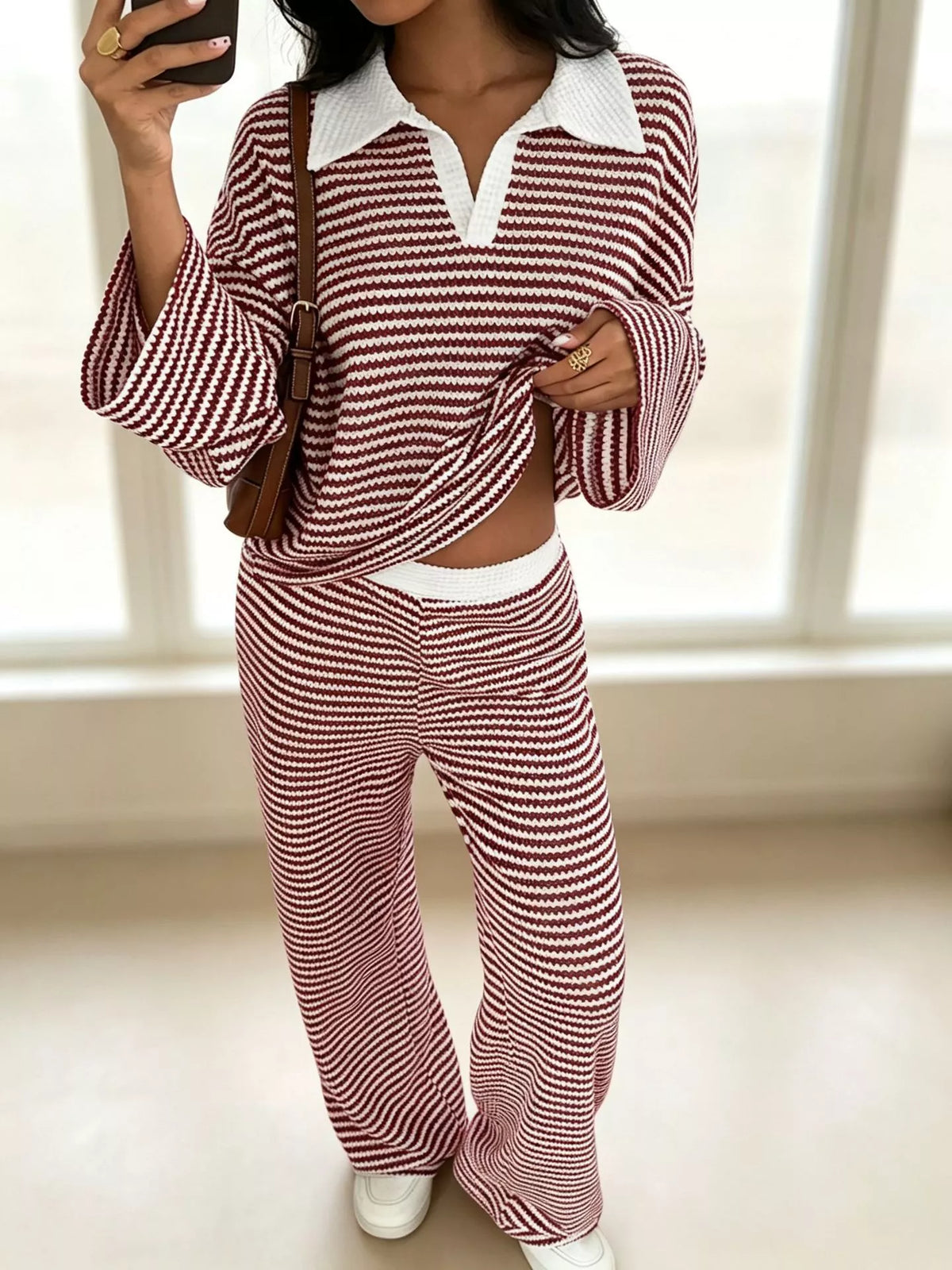 Striped Long Sleeve Polo and Wide-Leg Pants Set Striped Long Sleeve Polo and Wide-Leg Pants Set