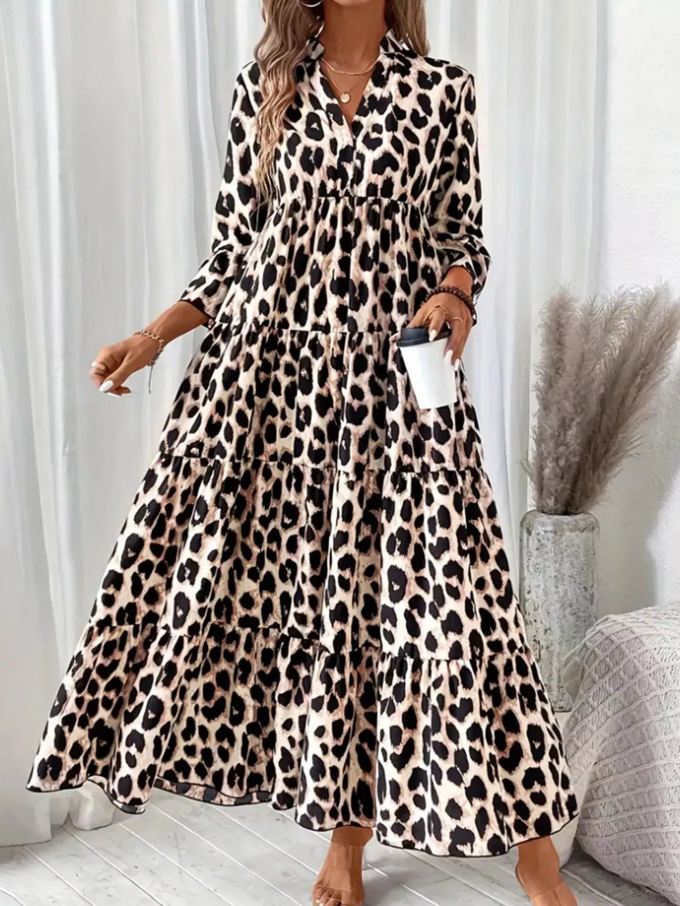 🐆 Leopard 3/4 Midi Dress – Ruched, Wild, and Ready to Dazzle