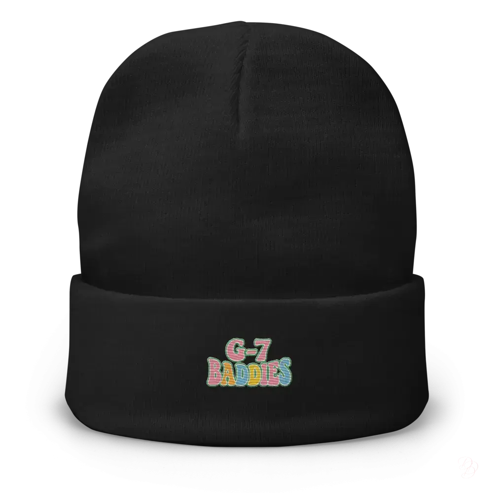 black beanie with colorful text on a white background