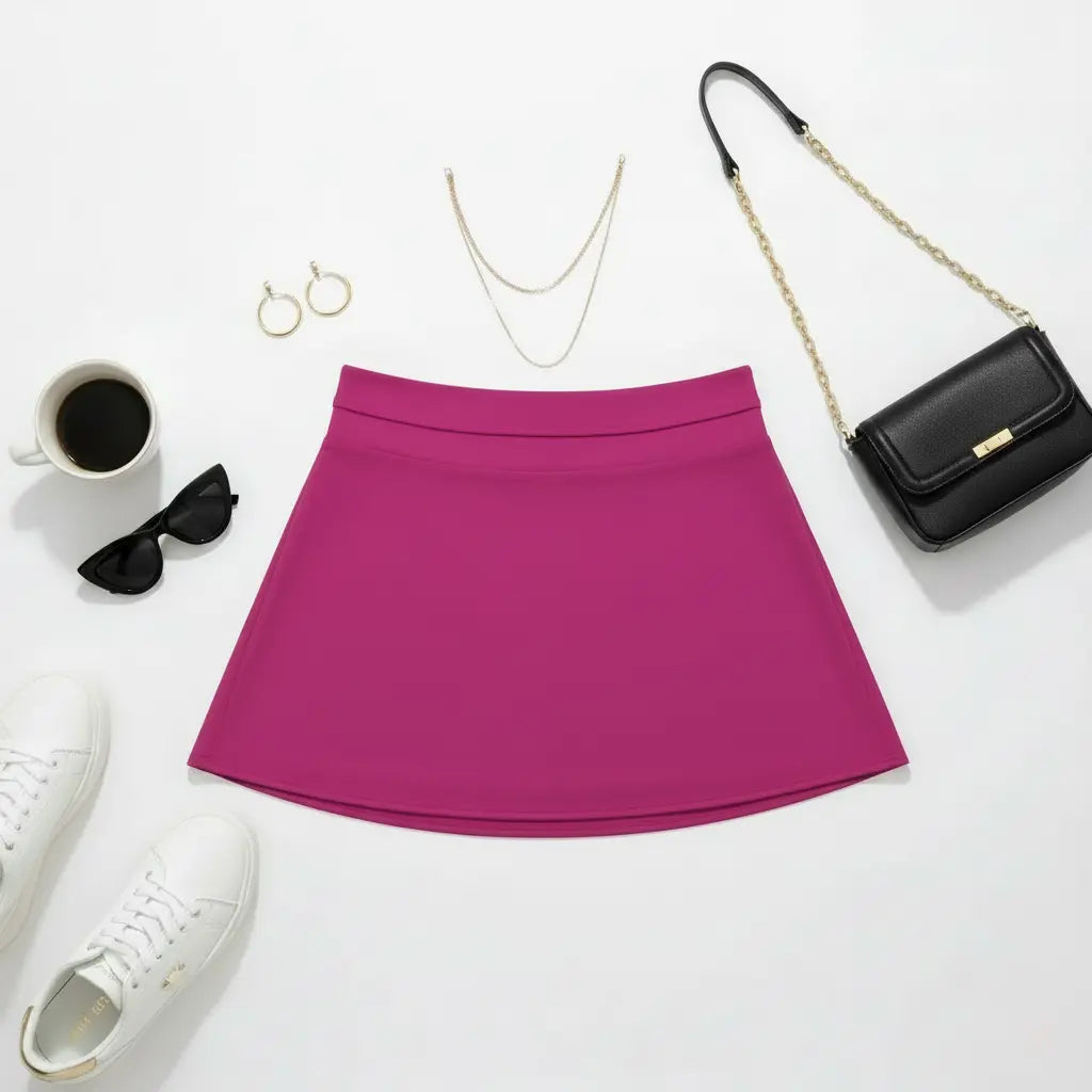 Pink pleated skirt with coffee cup, sunglasses, hand