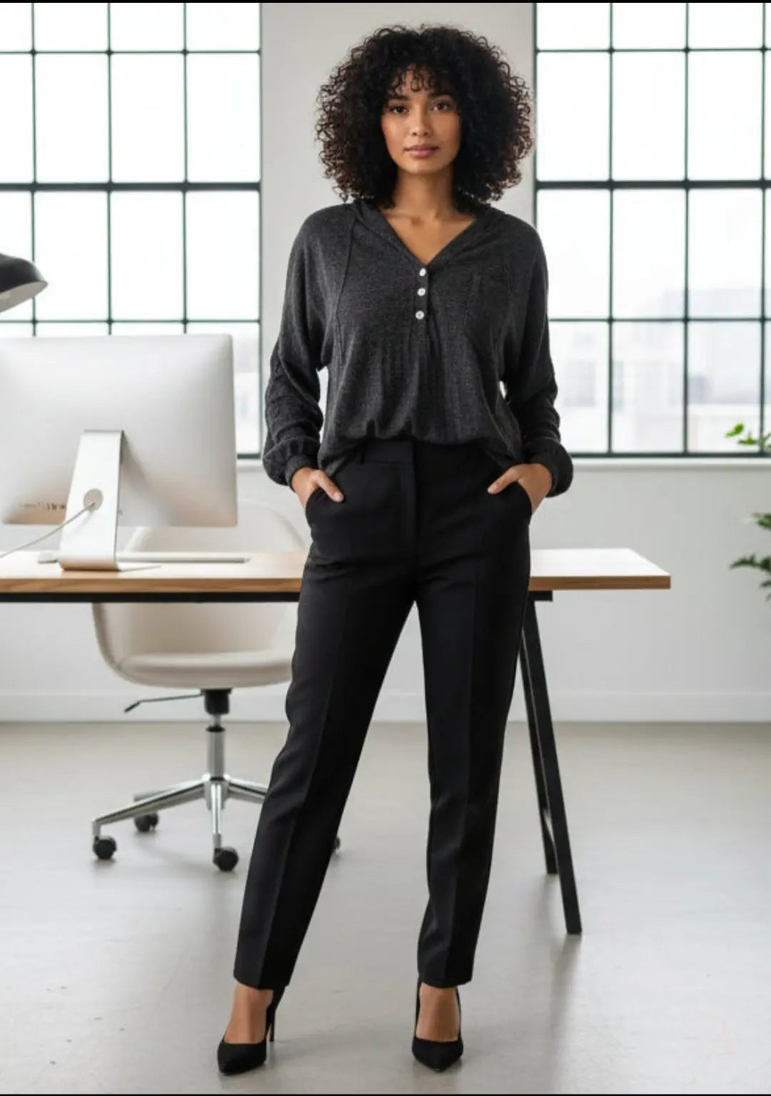 Textured Knit Hoodie with Buttoned Placket Trendsi