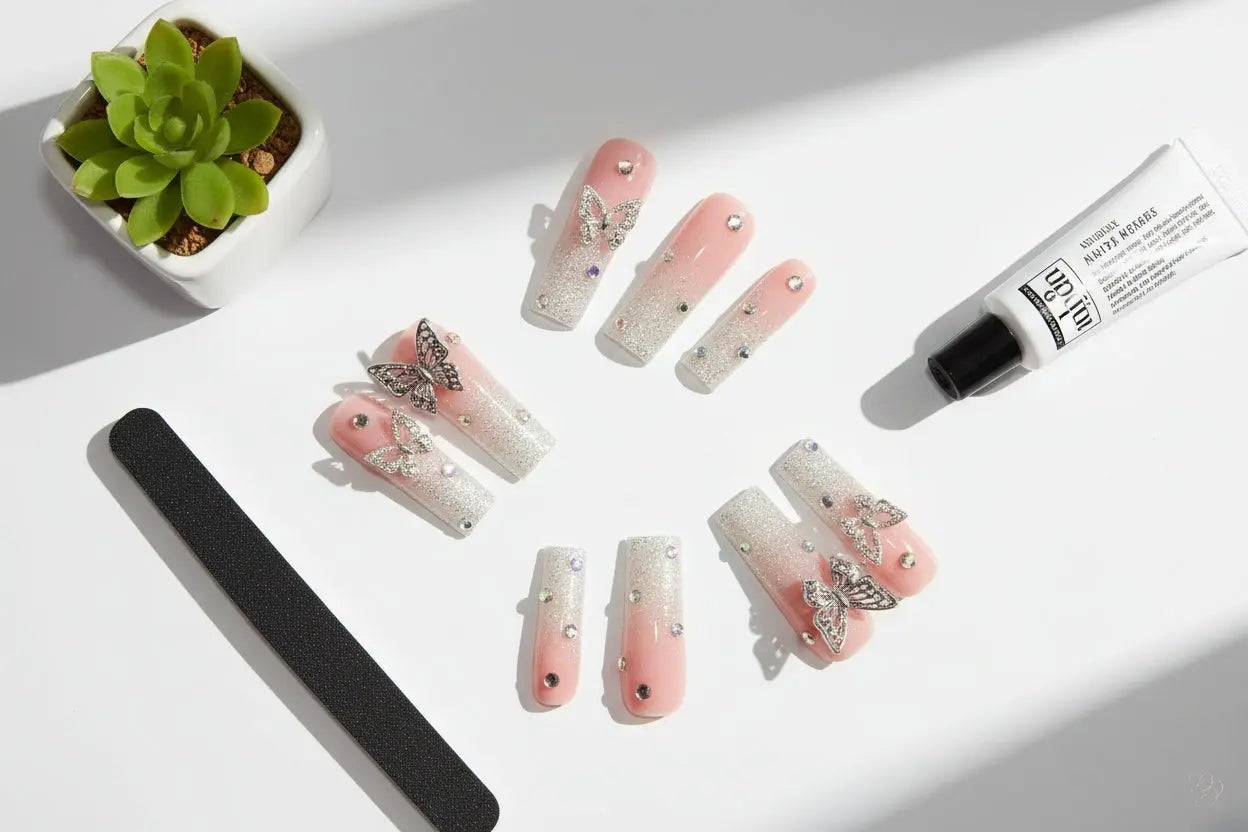 Y2K Glitter & Diamond Press-On Nails | Butterfly Luxury Square Edition Dias Dazzling Discoveries
