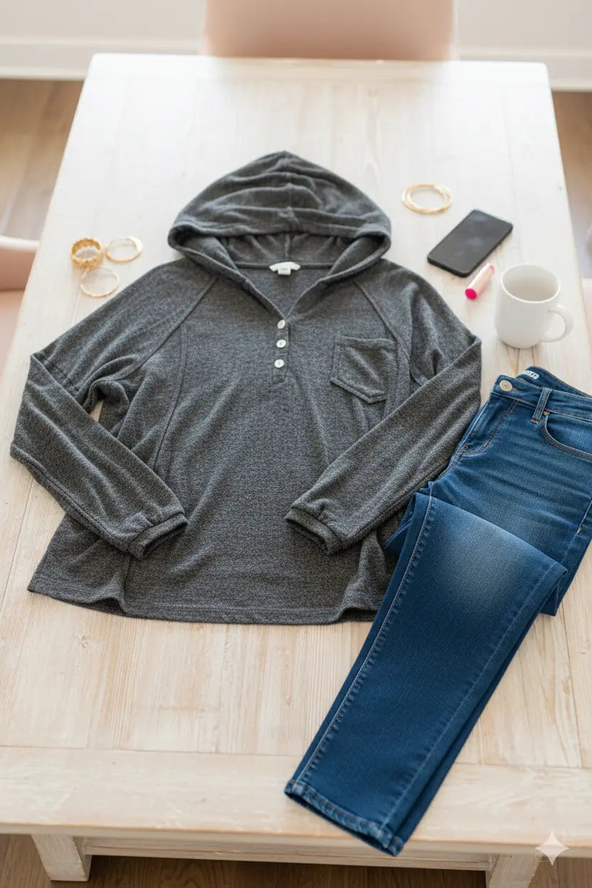 Textured Knit Hoodie with Buttoned Placket Trendsi