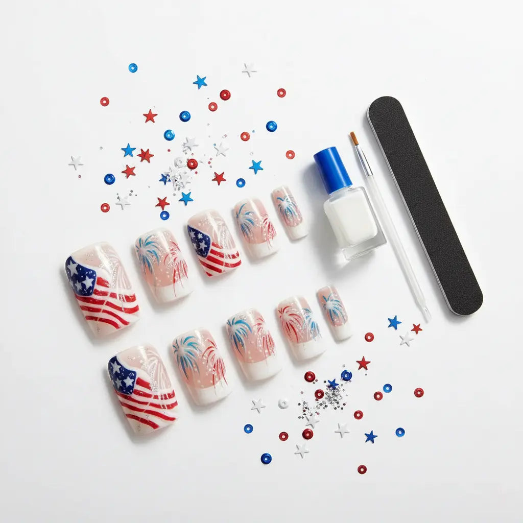 24Pcs French Tip Press-On Nails – Short Square-Patriotic