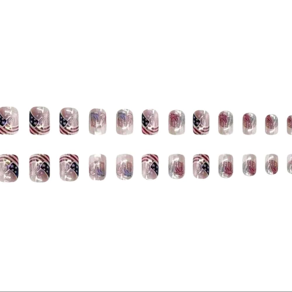24Pcs Independence Day French Tip Press-On Nails – Short Square | American Flag, Fireworks, Chrome Red & Blue | Patriotic Acrylic Nails