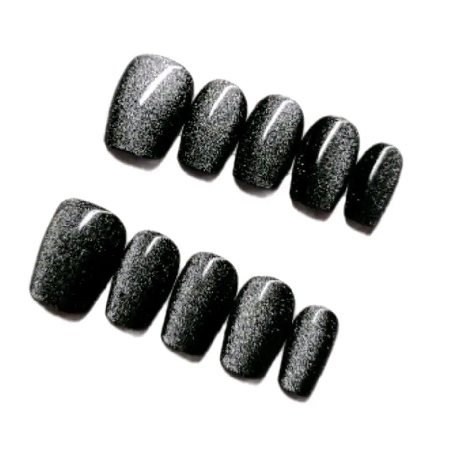 Black Oval Press-On False Nails - Short-Glossy/Solid Color with Cat Eye Glitter -Manicure DIY Style