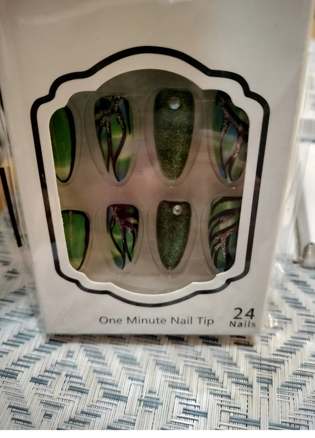 Emerald Green Stiletto Press On Nails 24pc Long Butterfly Wing Abstract Marble Nail Kit With Gold Glitter & Rhinestones Dias Dazzling Discoveries