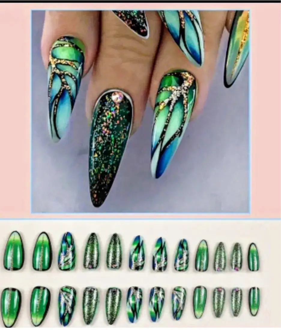 Emerald Green Stiletto Press On Nails 24pc Long Butterfly Wing Abstract Marble Nail Kit With Gold Glitter & Rhinestones Dias Dazzling Discoveries