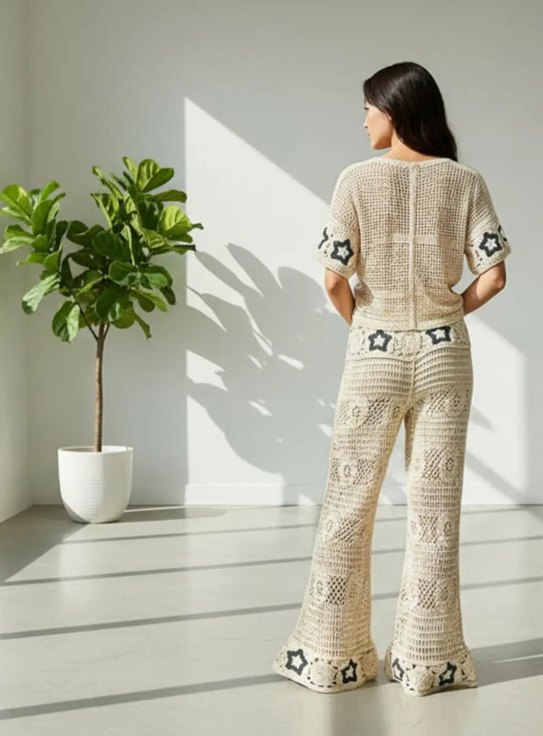 Openwork Crochet Flare Pants with Contrast Star Trendsi
