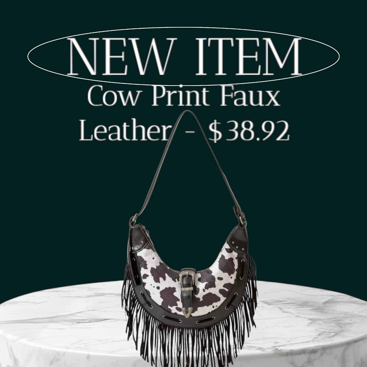 Fame Cow Print Faux Leather Fringe Hobo Bag