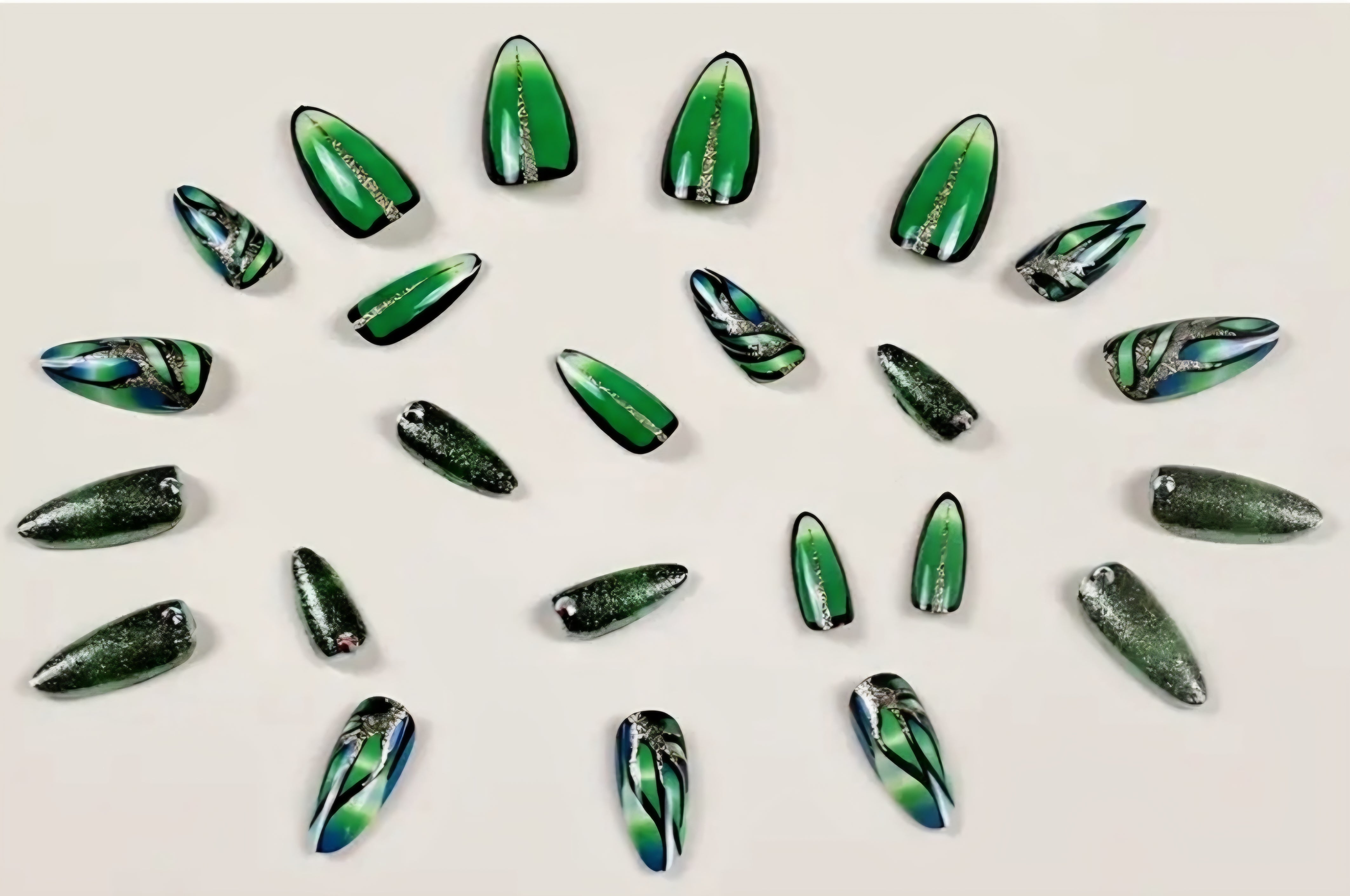 Emerald Green Stiletto Press On Nails 24pc Long Butterfly Wing Abstract Marble Nail Kit With Gold Glitter & Rhinestones