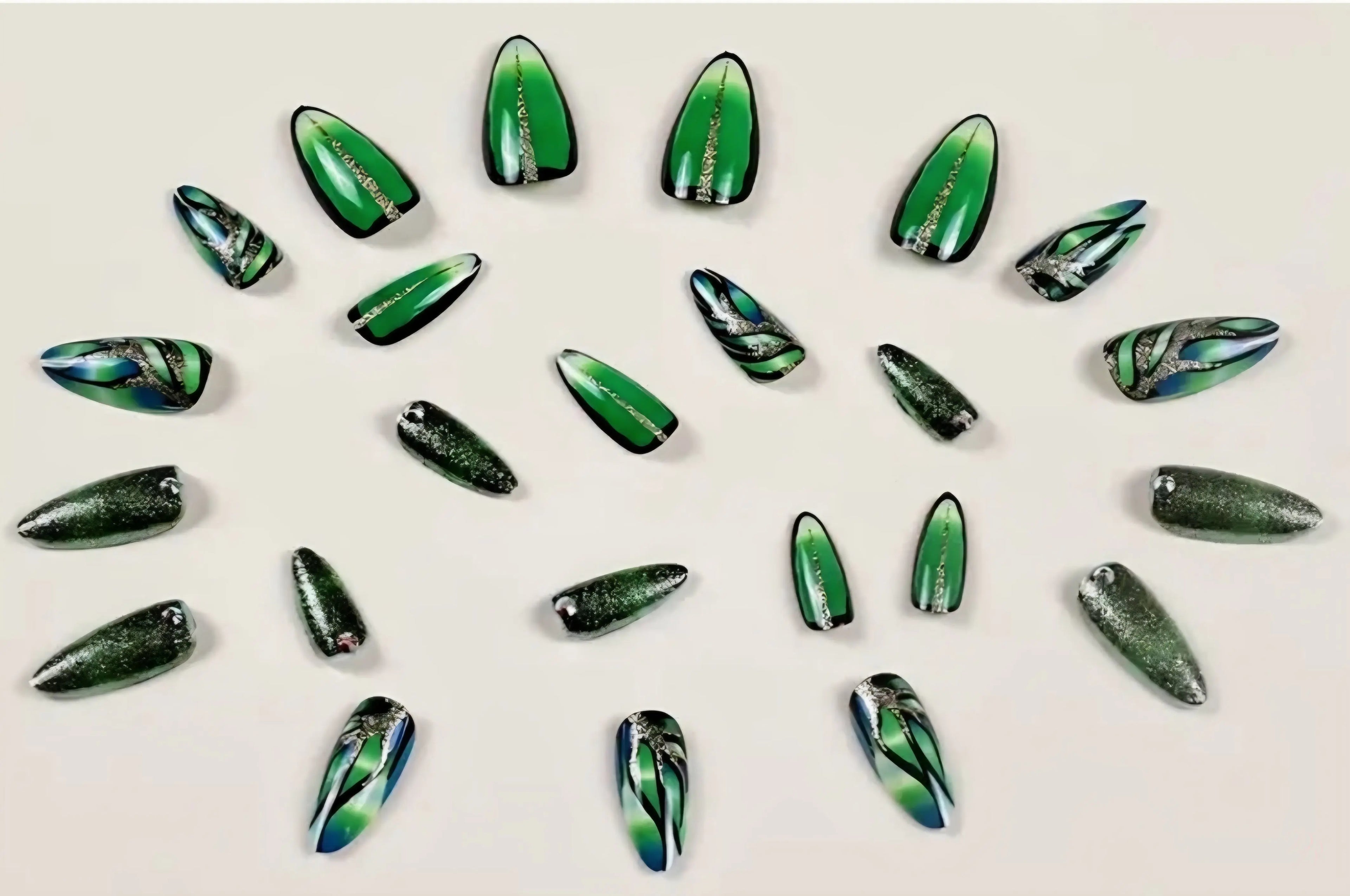 Emerald Green Stiletto Press On Nails 24pc Long Butterfly Wing Abstract Marble Nail Kit With Gold Glitter & Rhinestones Dias Dazzling Discoveries
