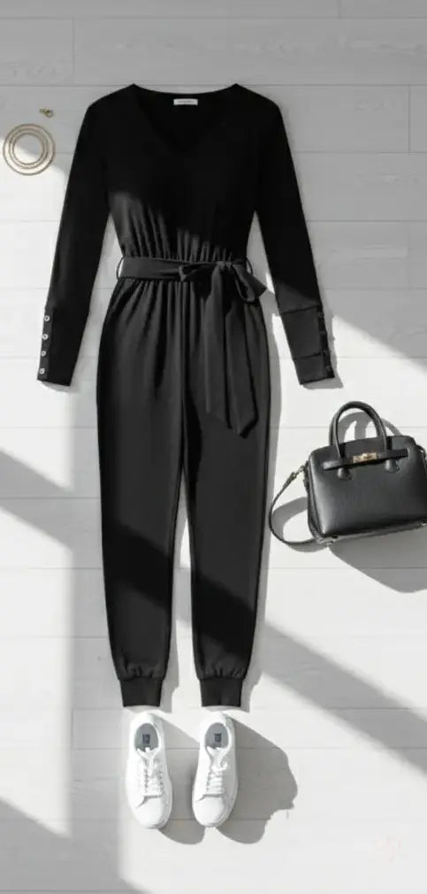 V-Neck Long Sleeve Tie Waist Jumpsuit – Where Confidence Meets Comfort Trendsi