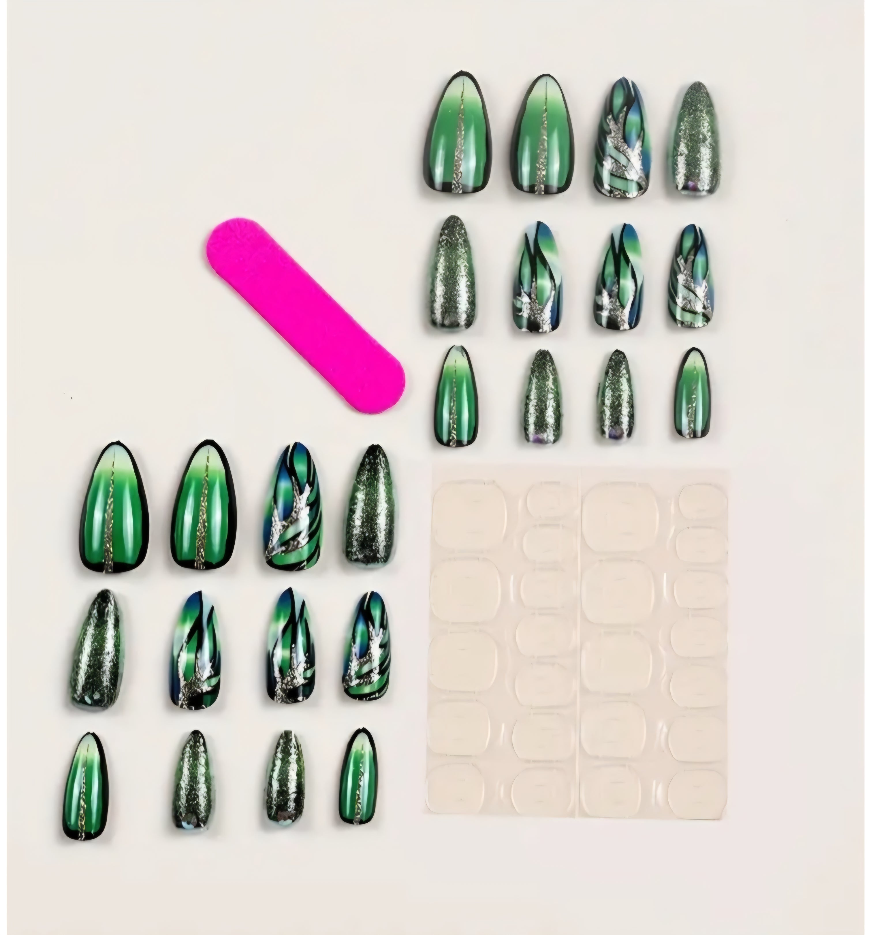 Emerald Green Stiletto Press On Nails 24pc Long Butterfly Wing Abstract Marble Nail Kit With Gold Glitter & Rhinestones