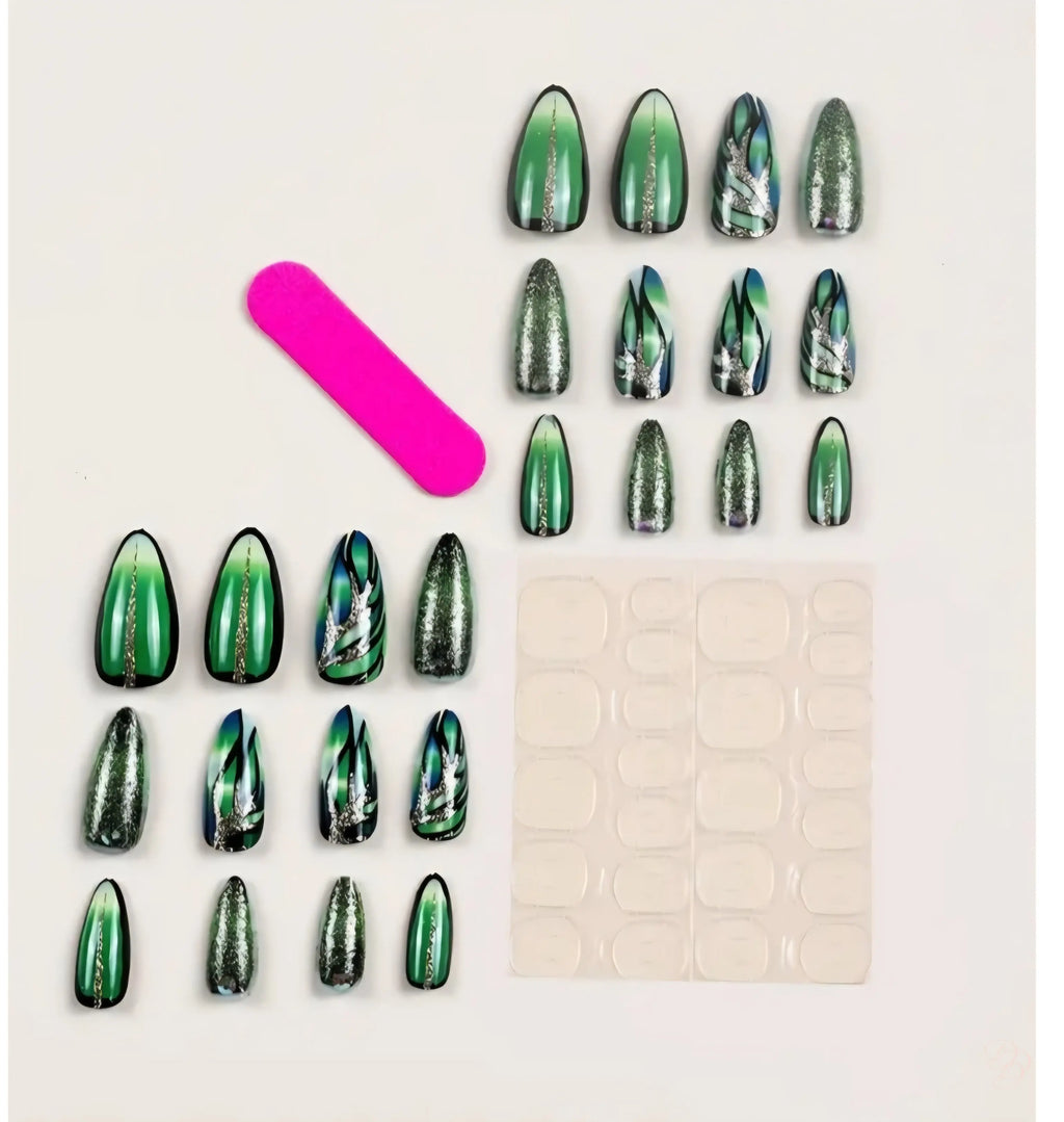 Emerald Green Stiletto Press On Nails 24pc Long Butterfly Wing Abstract Marble Nail Kit With Gold Glitter & Rhinestones Dias Dazzling Discoveries