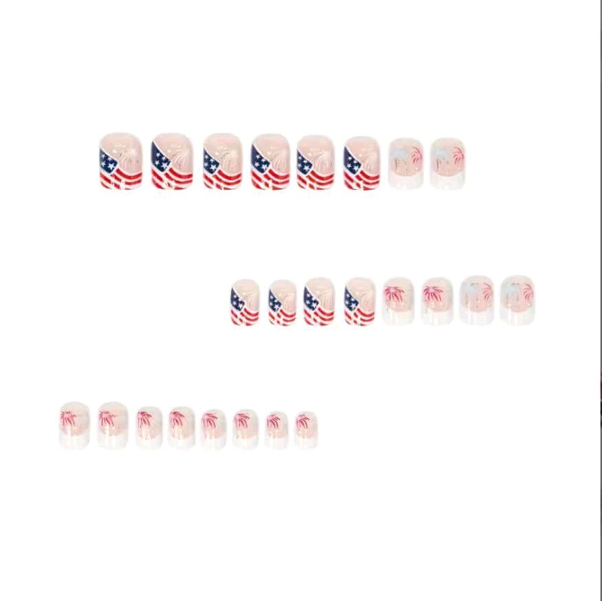 24Pcs Independence Day French Tip Press-On Nails – Short Square | American Flag, Fireworks, Chrome Red & Blue | Patriotic Acrylic Nails