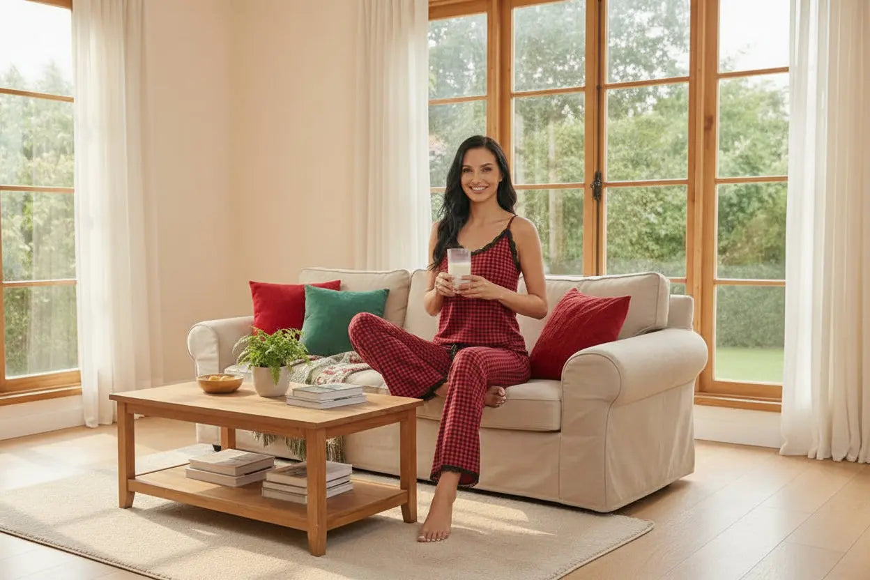 Plaid Lace Trim Pajama Set - Soft Rayon Sleepwear Trendsi