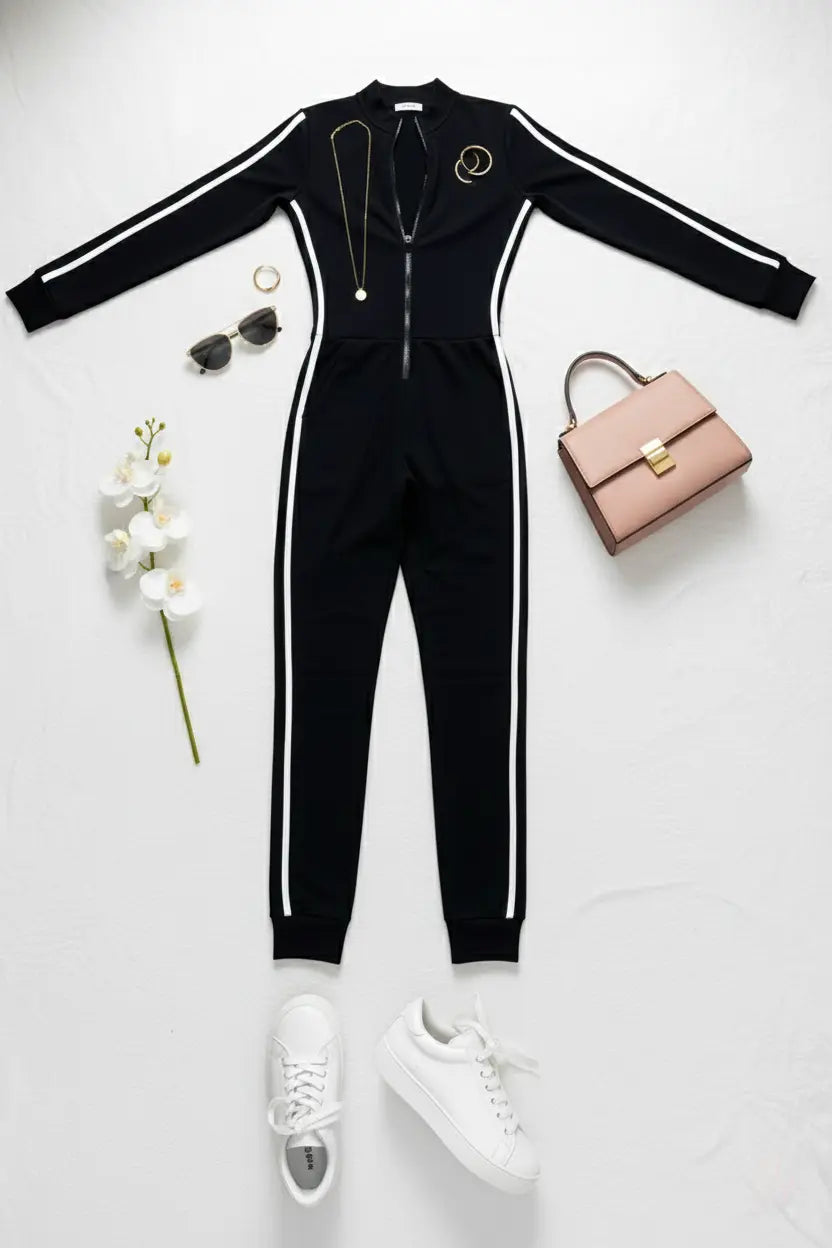 Black jumpsuit with white stripes on a white background with sneakers and leaves.