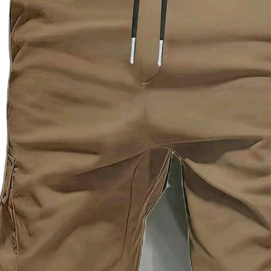 Khaki Sports Cargo Shorts with Drawstring Waistband and Side Pockets Great For Outdoors, Sports, or Casual Everyday wear