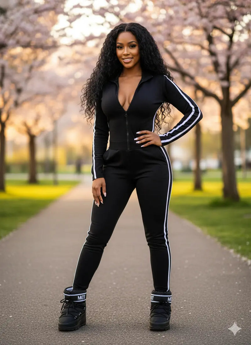 Full Size Stripe Zip-Front Long Sleeve Jumpsuit-Dias Dazzling Discoveries Trendsi