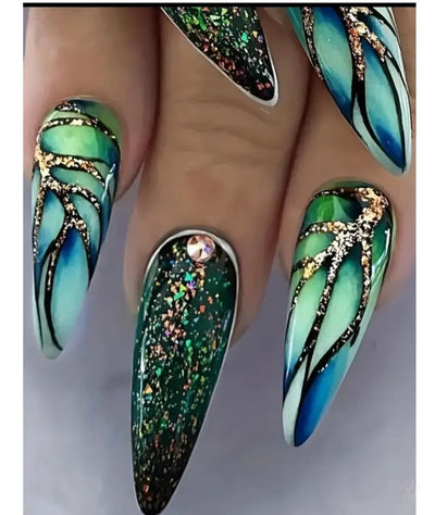Emerald Green Stiletto Press On Nails 24pc Long Butterfly Wing Abstract Marble Nail Kit With Gold Glitter & Rhinestones Dias Dazzling Discoveries