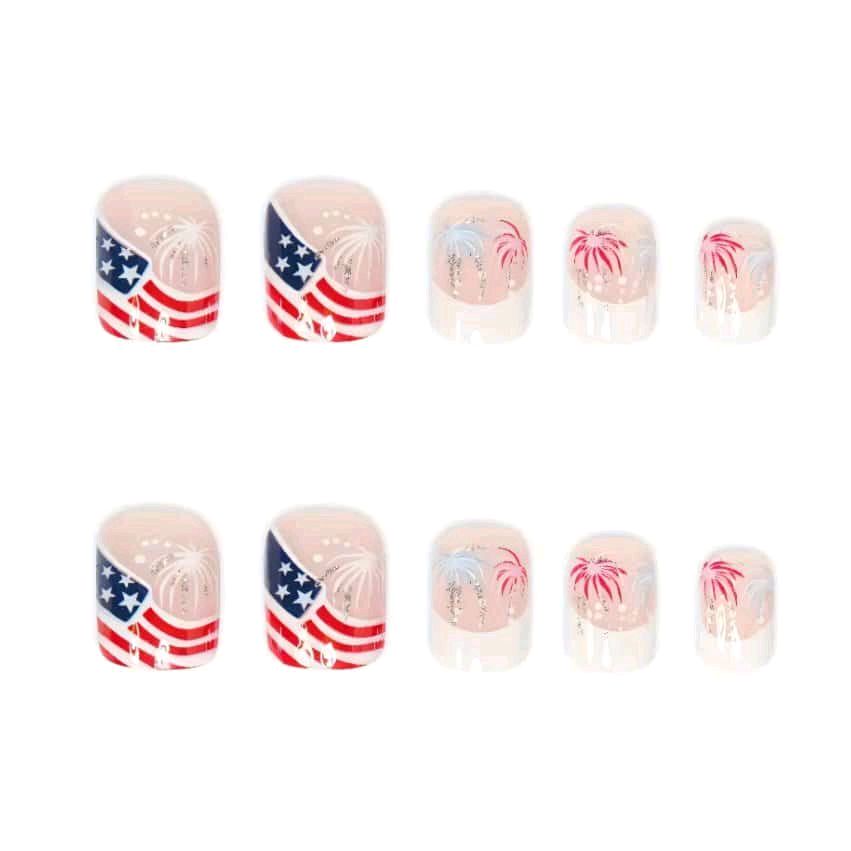 24Pcs Independence Day French Tip Press-On Nails – Short Square | American Flag, Fireworks, Chrome Red & Blue | Patriotic Acrylic Nails