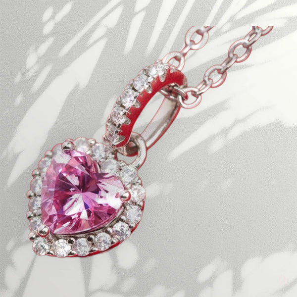 Pink Moissanite Heart Necklace - 1ct Heart Pendant in Platinum Plated Silver Trendsi