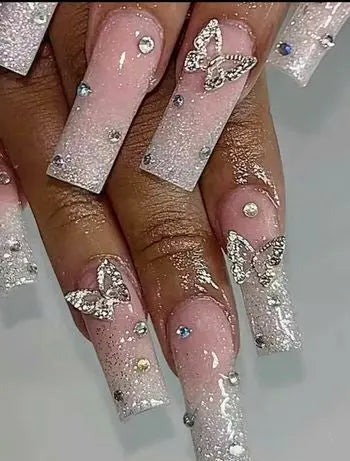 Y2K Glitter & Diamond Press-On Nails | Butterfly Luxury Square Edition Dias Dazzling Discoveries
