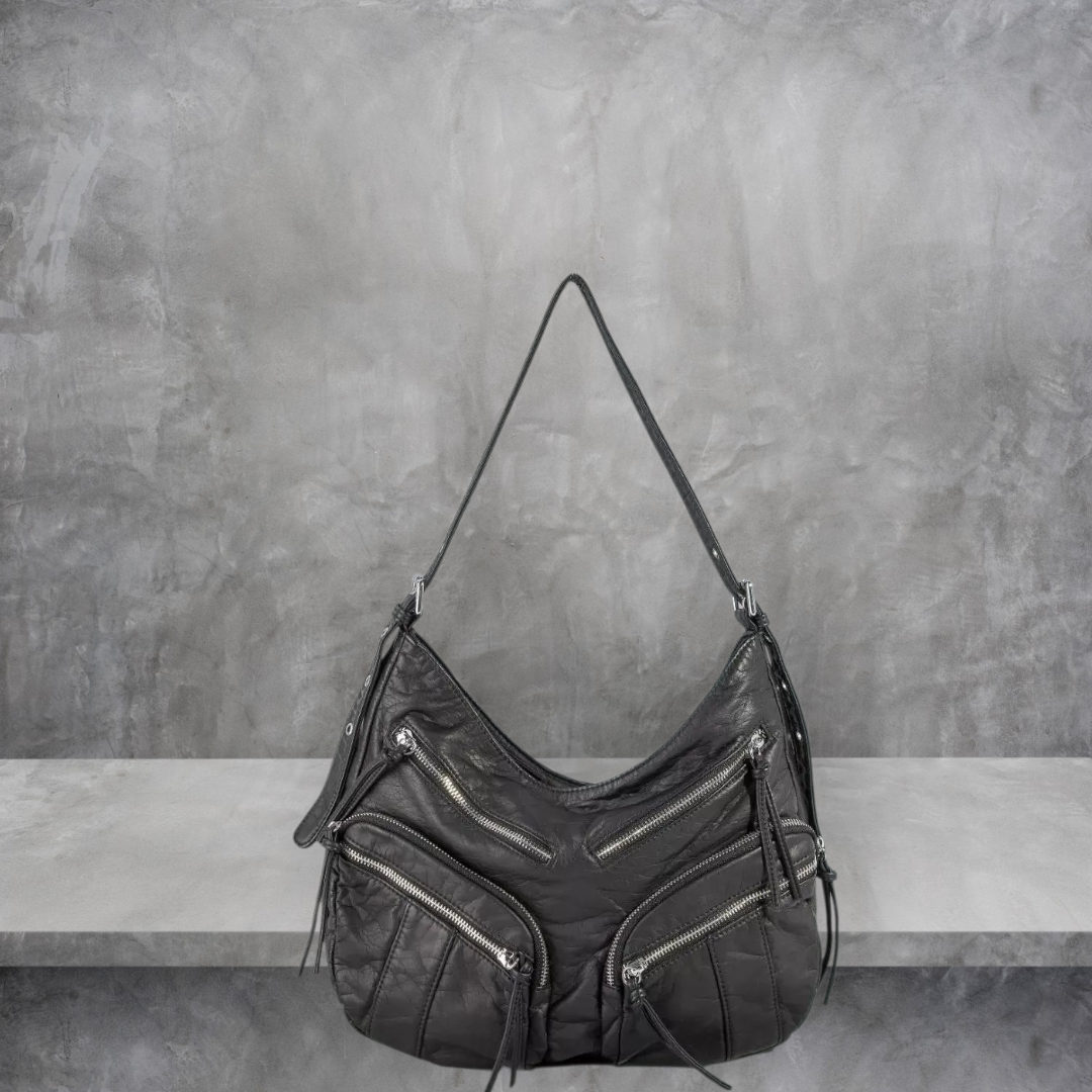 Fame Multi Zipper Pocket Leather Hobo Bag