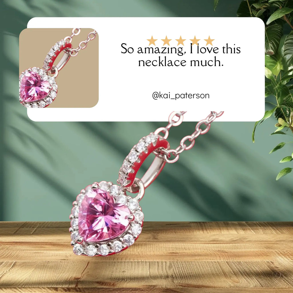 Pink Moissanite Heart Necklace - 1ct Heart Pendant in Platinum Plated Silver Trendsi