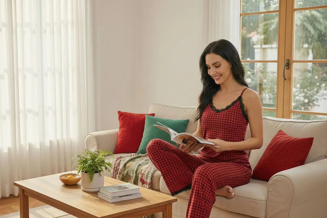 Plaid Lace Trim Pajama Set - Soft Rayon Sleepwear Trendsi