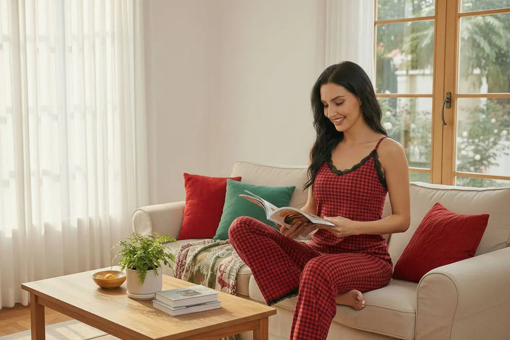 Plaid Lace Trim Pajama Set - Soft Rayon Sleepwear Trendsi