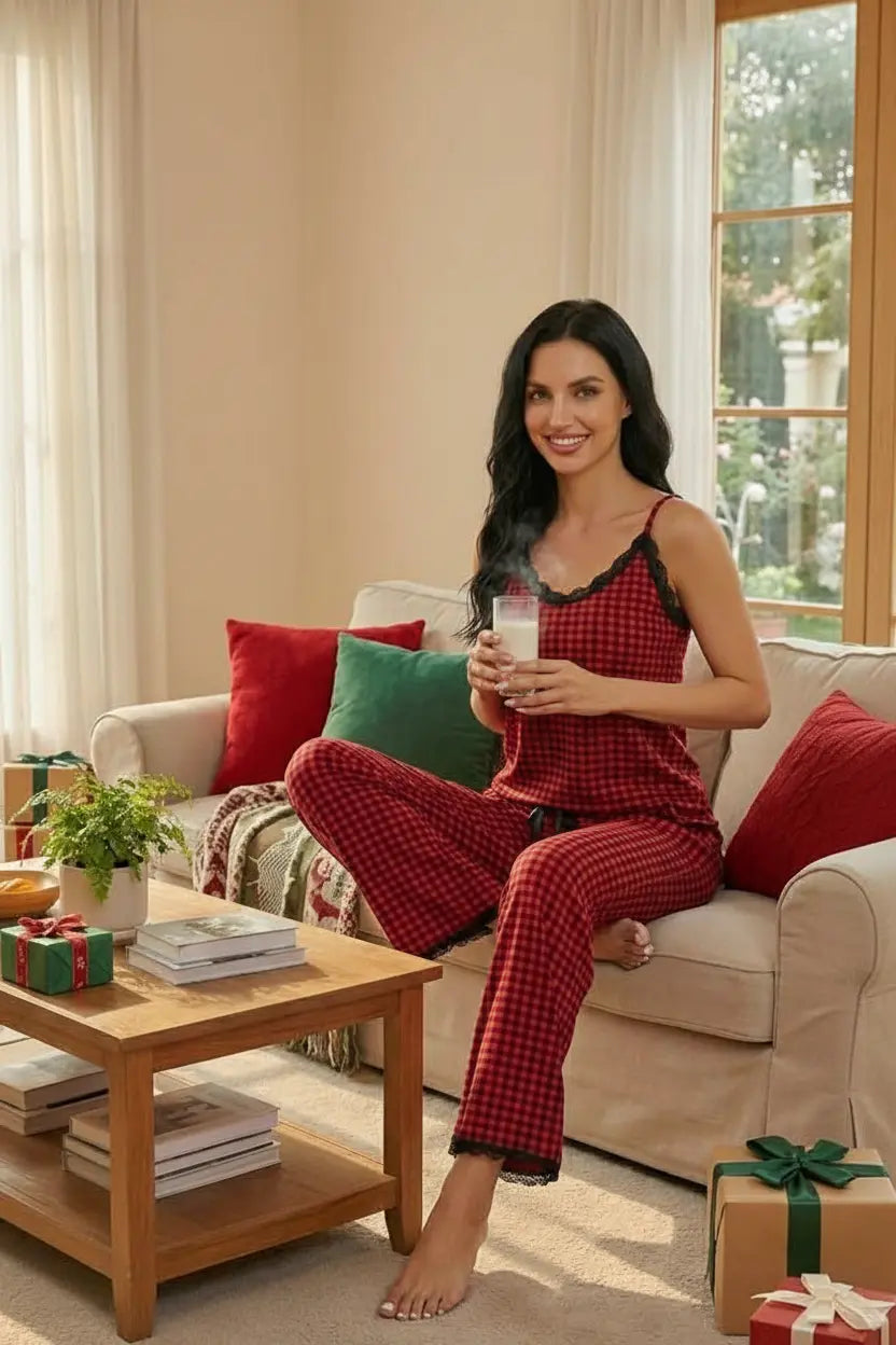 Plaid Lace Trim Pajama Set - Soft Rayon Sleepwear Trendsi