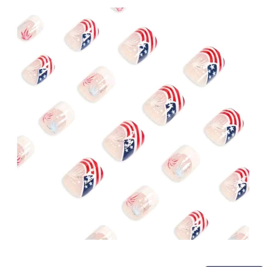 24Pcs Independence Day French Tip Press-On Nails – Short Square | American Flag, Fireworks, Chrome Red & Blue | Patriotic Acrylic Nails