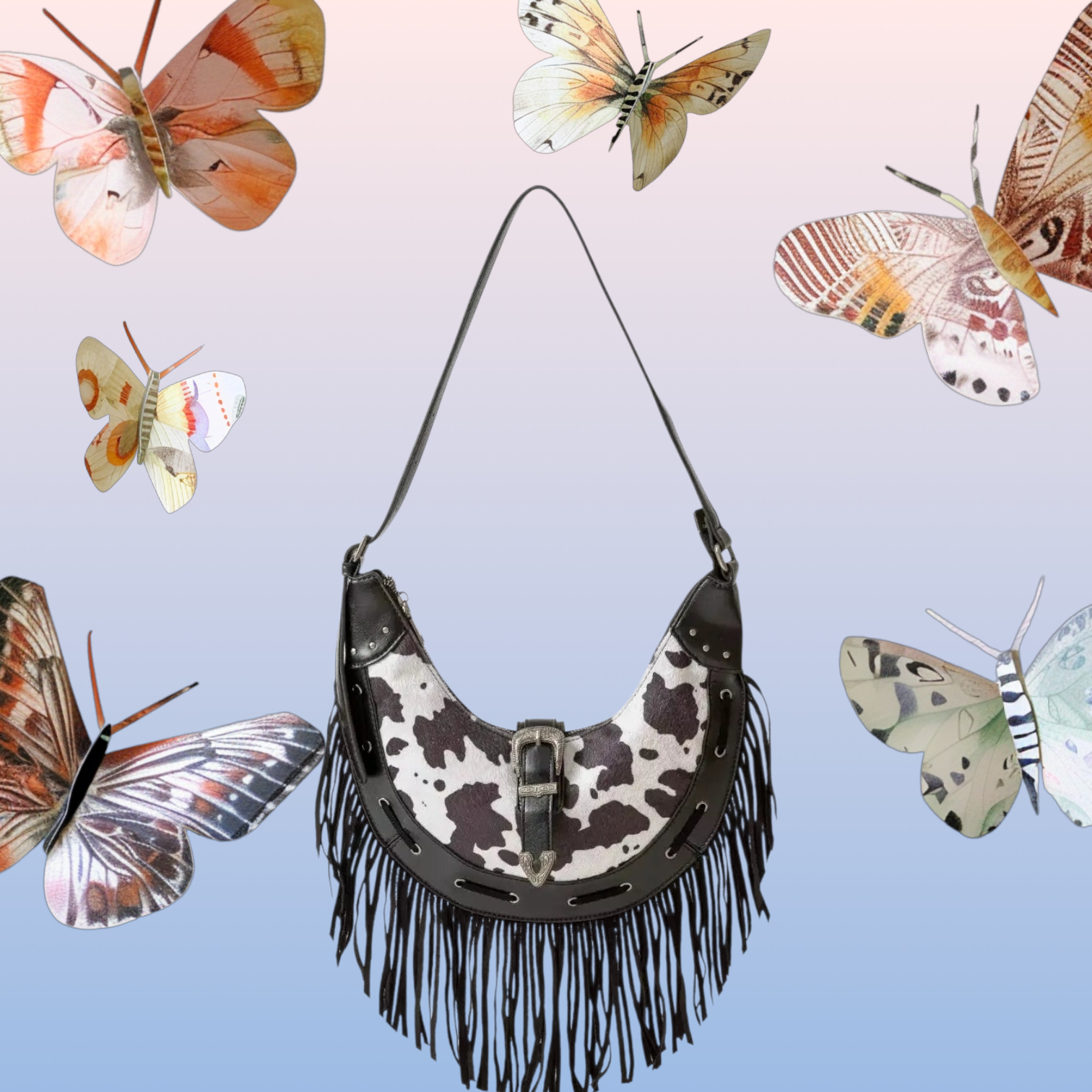 Fame Cow Print Faux Leather Fringe Hobo Bag