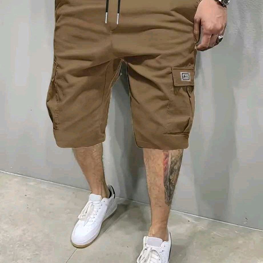 Khaki Sports Cargo Shorts with Drawstring Waistband and Side Pockets Great For Outdoors, Sports, or Casual Everyday wear