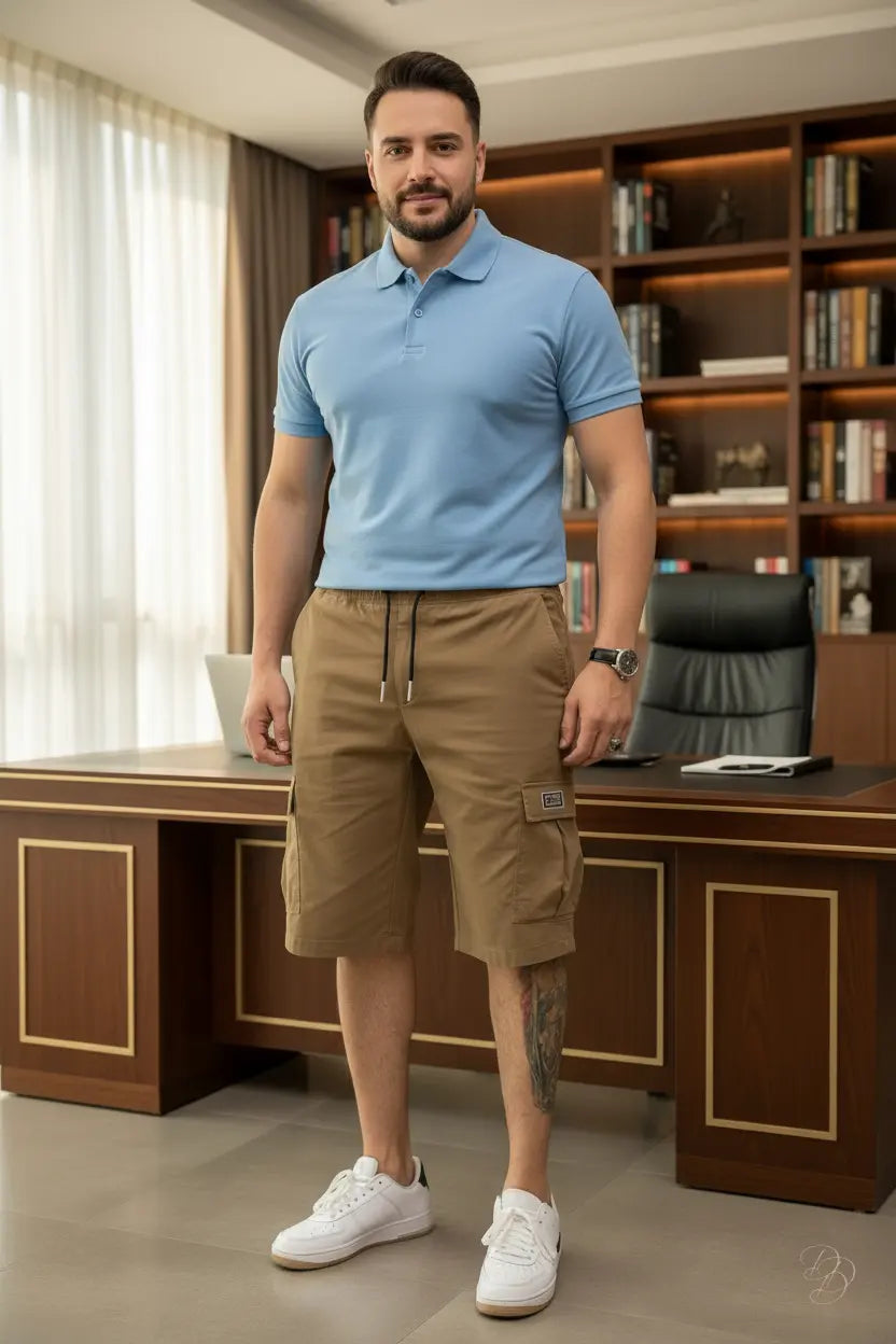 Khaki Sports Cargo Shorts with Drawstring Waistband and Side Pockets