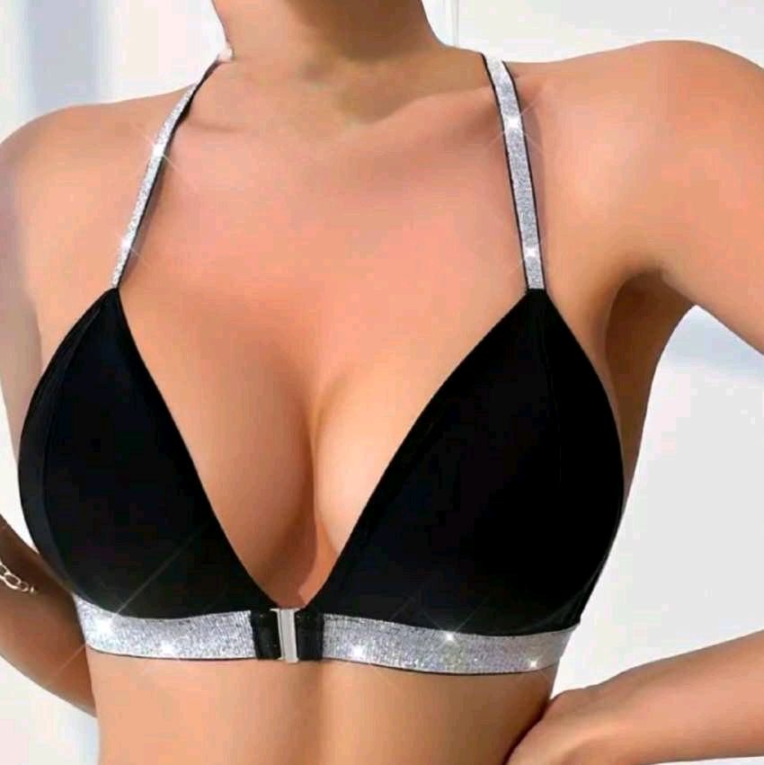 Women's Casual Bralette - Comfortable Fit with Back Design, Knit Fabric, Wireless, Lightweight, No Padding - Everyday Outfit Soft Smooth Style Sexy Spaghetti Strap Silver Black Solid