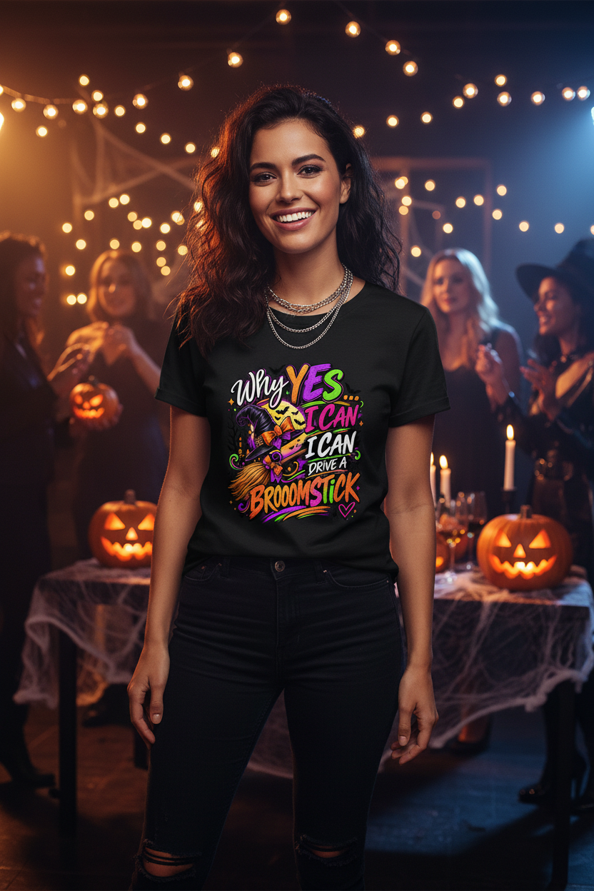 halloween tshirt "Why Yes I Can Drive a Broomstick" Halloween Graphic Tee "Why Yes I Can Drive a Broomstick" Halloween Graphic Tee