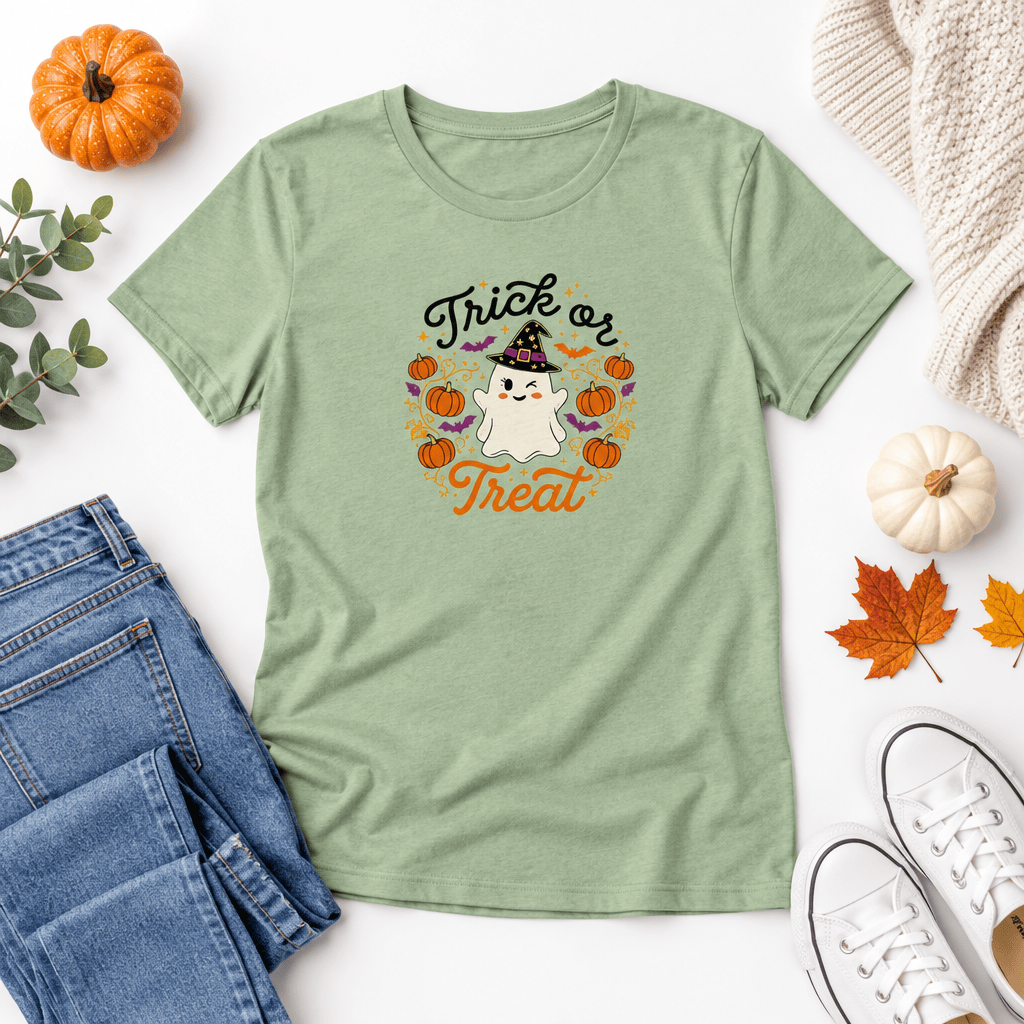 "Trick or Treat" Halloween Ghost Graphic Tee – Cute, Cozy & Beyond the Tag "Trick or Treat" Halloween Ghost Graphic Tee – Cute, Cozy & Beyond the Tag